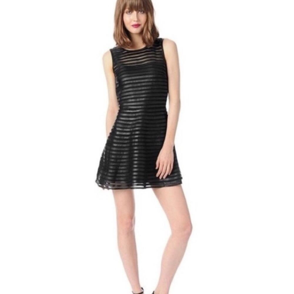 Parker leather striped fit and flare dress black sz S